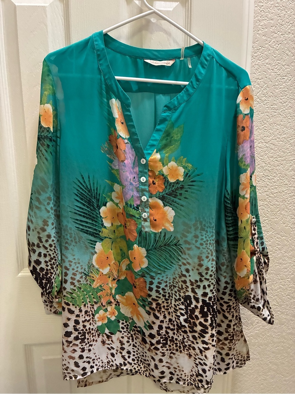 Soft Surroundings Teal Floral and Leopard Print Blouse